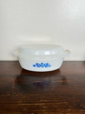 Anchor Hocking White Covered Casserole with Blue Floral Motif